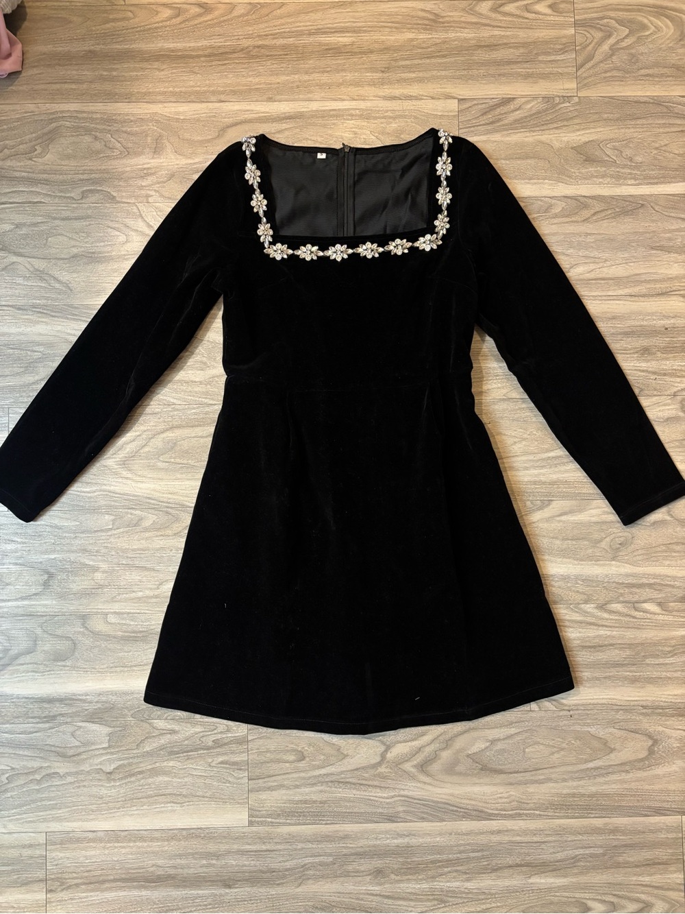 Black Velvet Long-Sleeve Dress with Floral Trim